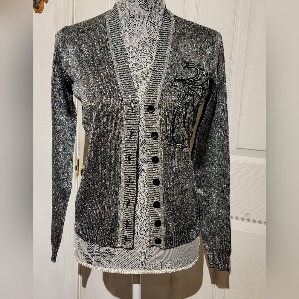 Barbara Lee Silver & Black Shimmer 7 Button Sweater Long Sleeve 50% Metallic Lg